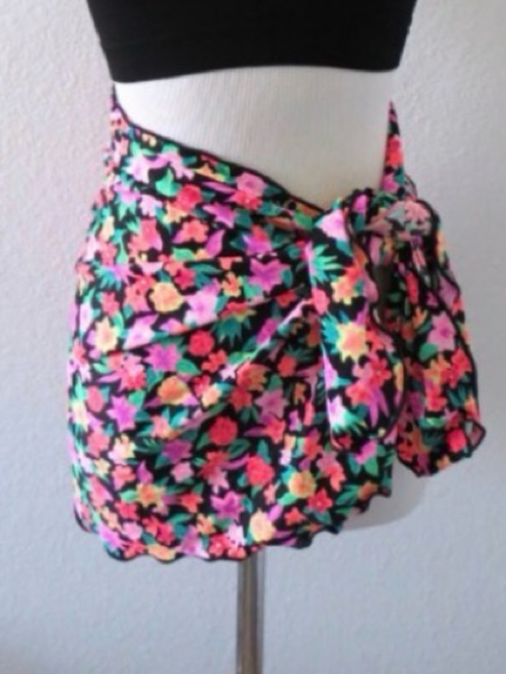 Victoria's Secret Black Floral Swim Mini Sarong with Pink & Green